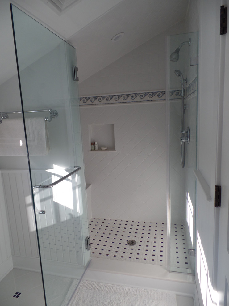 Example of a small transitional 3/4 white tile and ceramic tile ceramic tile and white floor alcove shower design in Bridgeport with open cabinets, white cabinets, a two-piece toilet, white walls, a pedestal sink, solid surface countertops and a hinged shower door