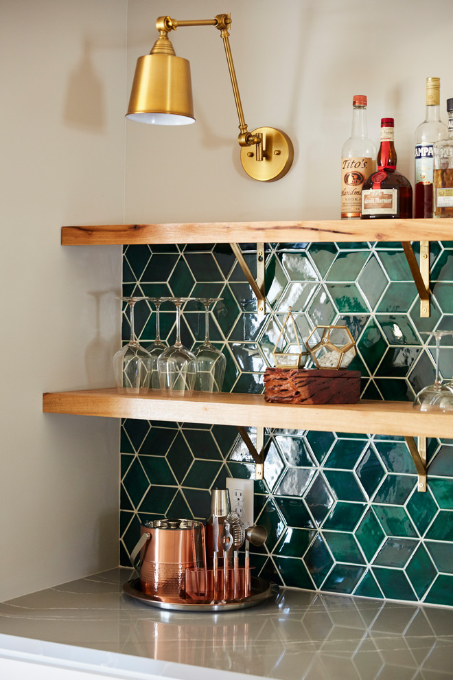 Large transitional l-shaped open concept kitchen photo in Minneapolis with beaded inset cabinets, white cabinets, blue backsplash, ceramic backsplash and an island