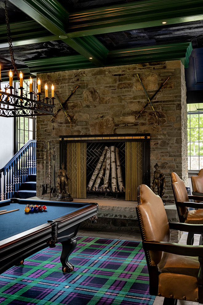 Traditional open concept family room in New York with a standard fireplace and a stone fireplace surround.