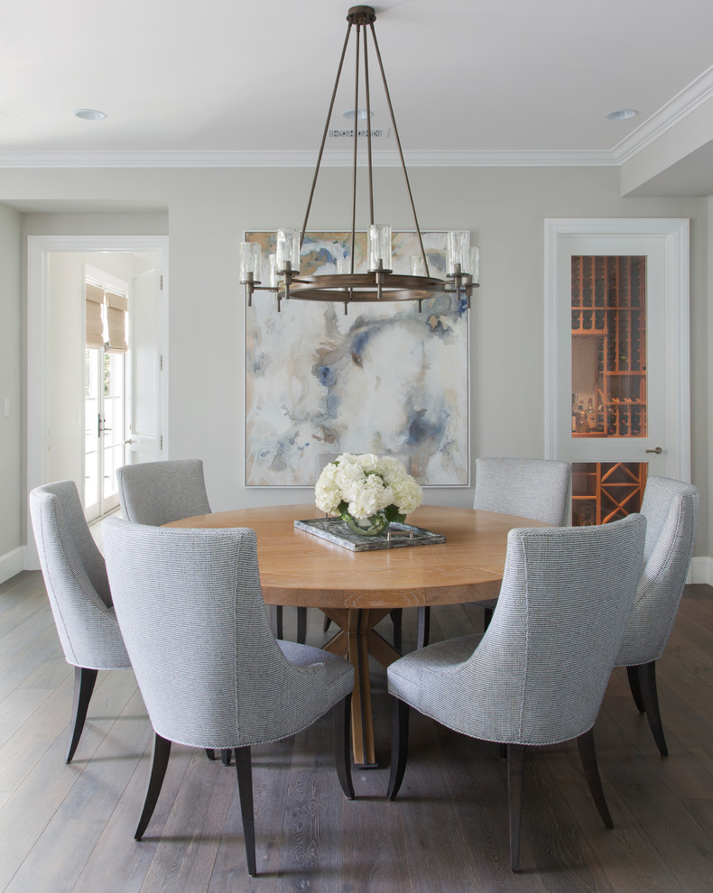 Dining room - transitional dark wood floor and brown floor dining room idea in Denver with gray walls