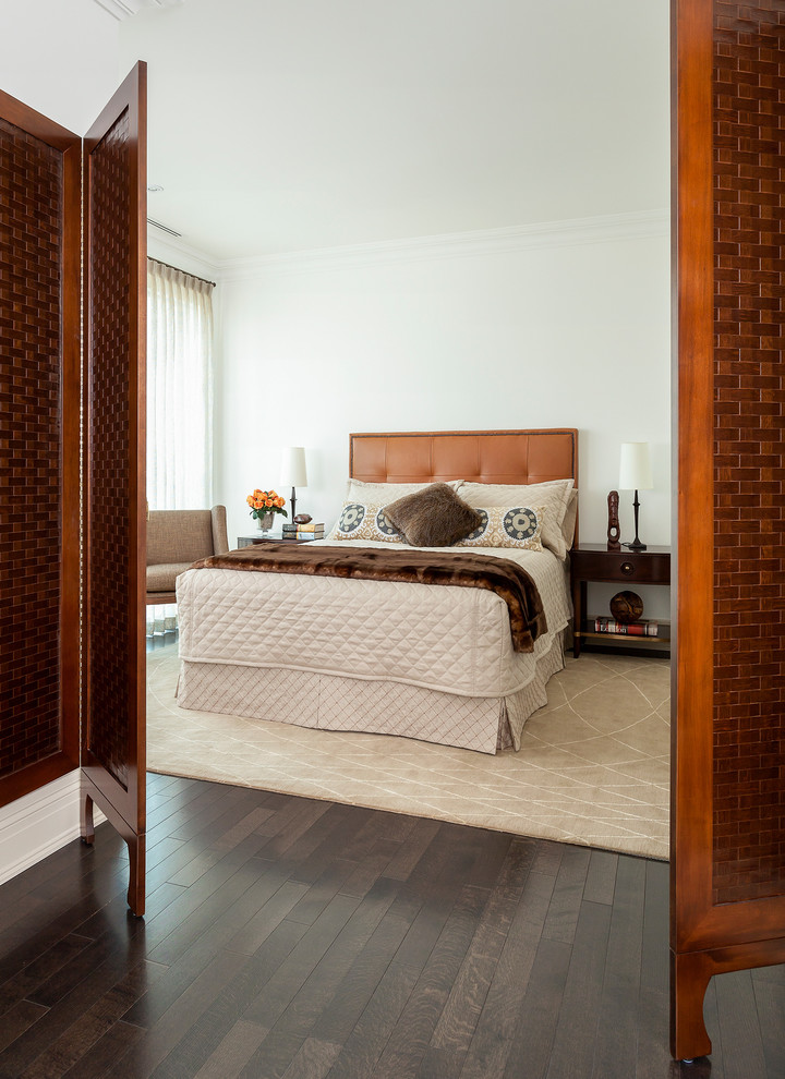 Inspiration for a transitional bedroom in Toronto with white walls and dark hardwood floors.