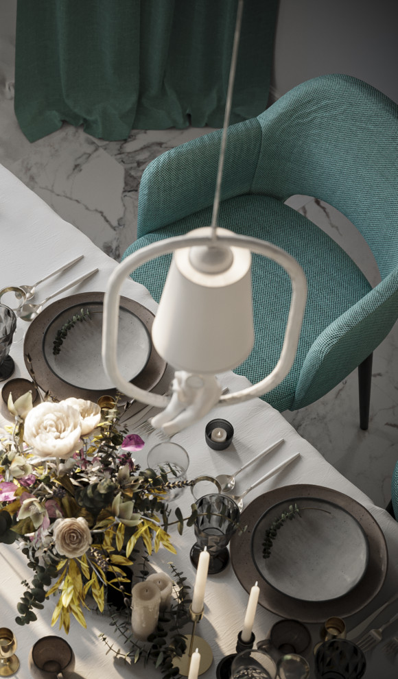 Мятная неоклассика. Кухня-гостиная в загородном доме.