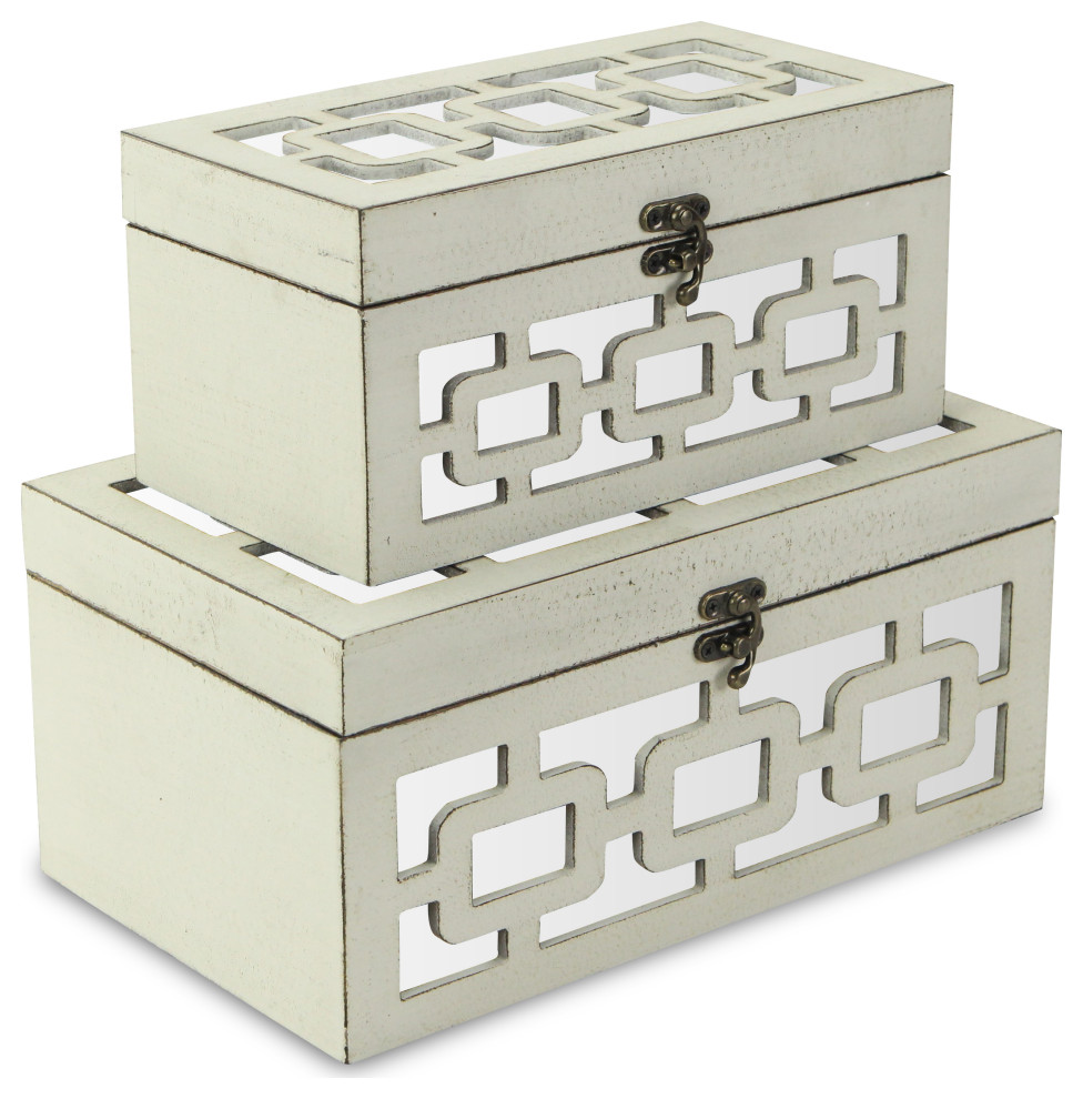 Mirrored Wood Boxes - Off White Set