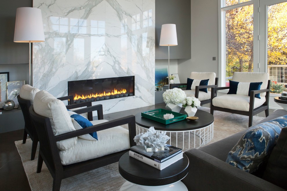 Design ideas for a mid-sized contemporary open concept living room in Calgary with grey walls, a stone fireplace surround, no tv, dark hardwood floors and a ribbon fireplace.