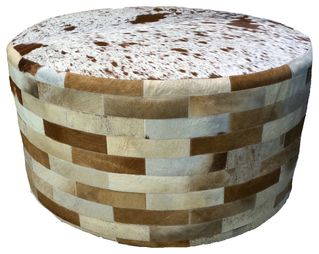 Cowhide 36 Round Patchwork Ottoman Contemporary Footstools