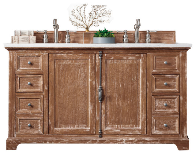 Providence 60" Driftwood Double Vanity, Carrara Marble Top Farmhouse