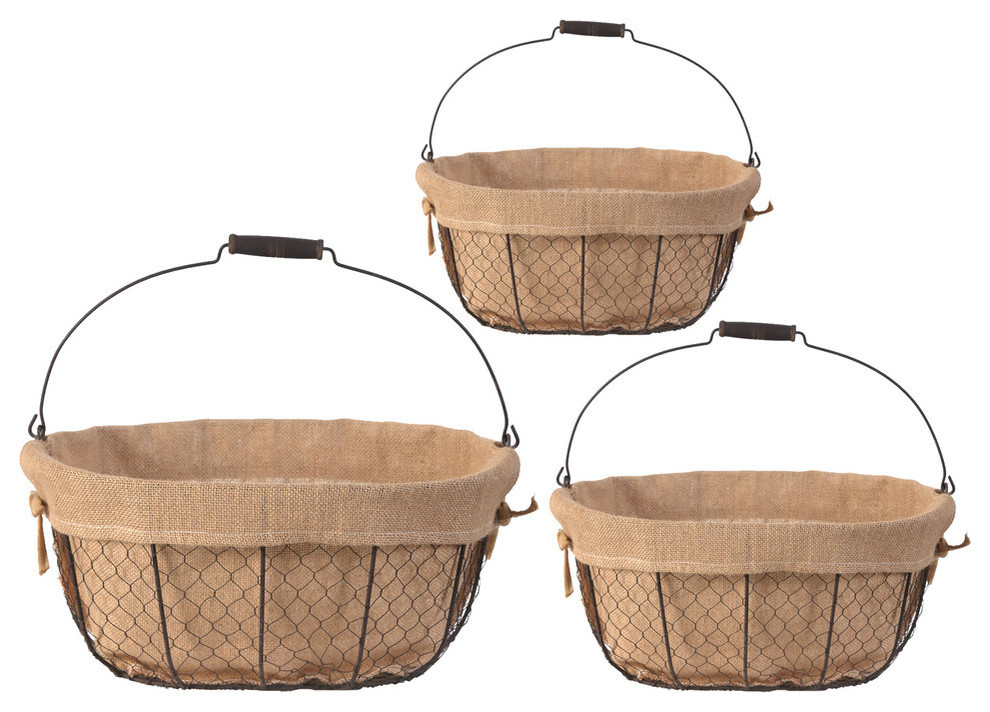 Stackable Oval Metal Baskets With Liners, 3Piece Set Farmhouse