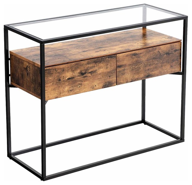 Tempered Glass Side Entryway Table With 2 Drawers And Rustic Shelf