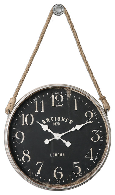 Luxe Vintage Style Hanging Black Wall Clock Round Rope Cottage Antique Look Beach Clocks By My Sy Home - Hanging Wall Clock With Chain Luxe Vintage Style Hanging Black Wall Clock Round Rope Cottage Antique Look Beach Clocks By My Sy Home - Hanging Wall Clock With Chain