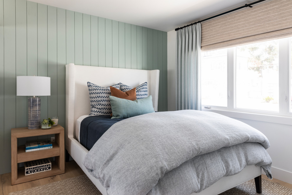 Coastal grey and teal bedroom in Orange County.
