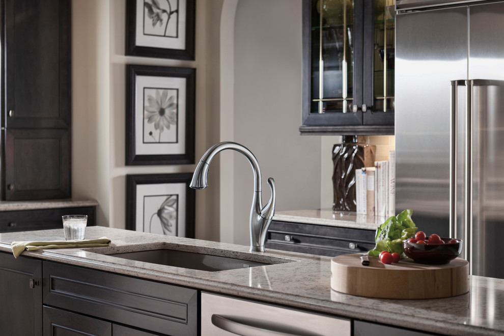 Kitchen - transitional kitchen idea in Indianapolis with an undermount sink, beaded inset cabinets, dark wood cabinets, stainless steel appliances and an island