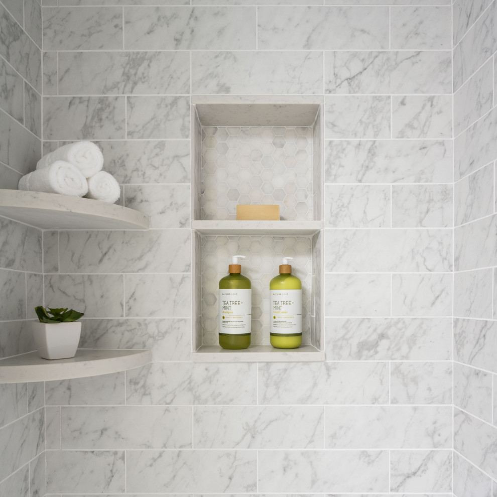 Inspiration for a large cottage master gray tile and porcelain tile porcelain tile, gray floor and double-sink bathroom remodel in Boston with shaker cabinets, green cabinets, a two-piece toilet, white walls, a drop-in sink, quartz countertops, white countertops and a built-in vanity