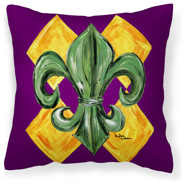 Mardi Gras Fleur De Lis Purple Green and Gold Fabric Decorative Pillow