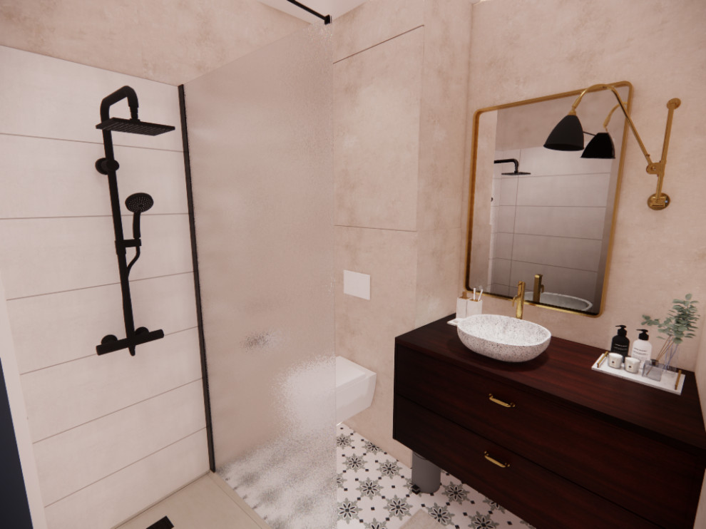 Inredning av ett exotiskt litet vit vitt badrum med dusch, med luckor med profilerade fronter, skåp i mörkt trä, en öppen dusch, en vägghängd toalettstol, beige kakel, stenkakel, beige väggar, cementgolv, ett nedsänkt handfat, träbänkskiva, vitt golv och med dusch som är öppen