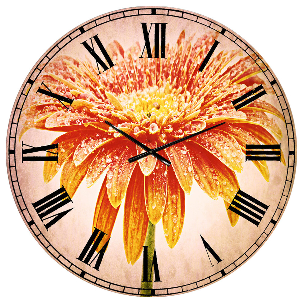Large Orange Gerbera On White Floral Large Metal Wall Clock, 36x36