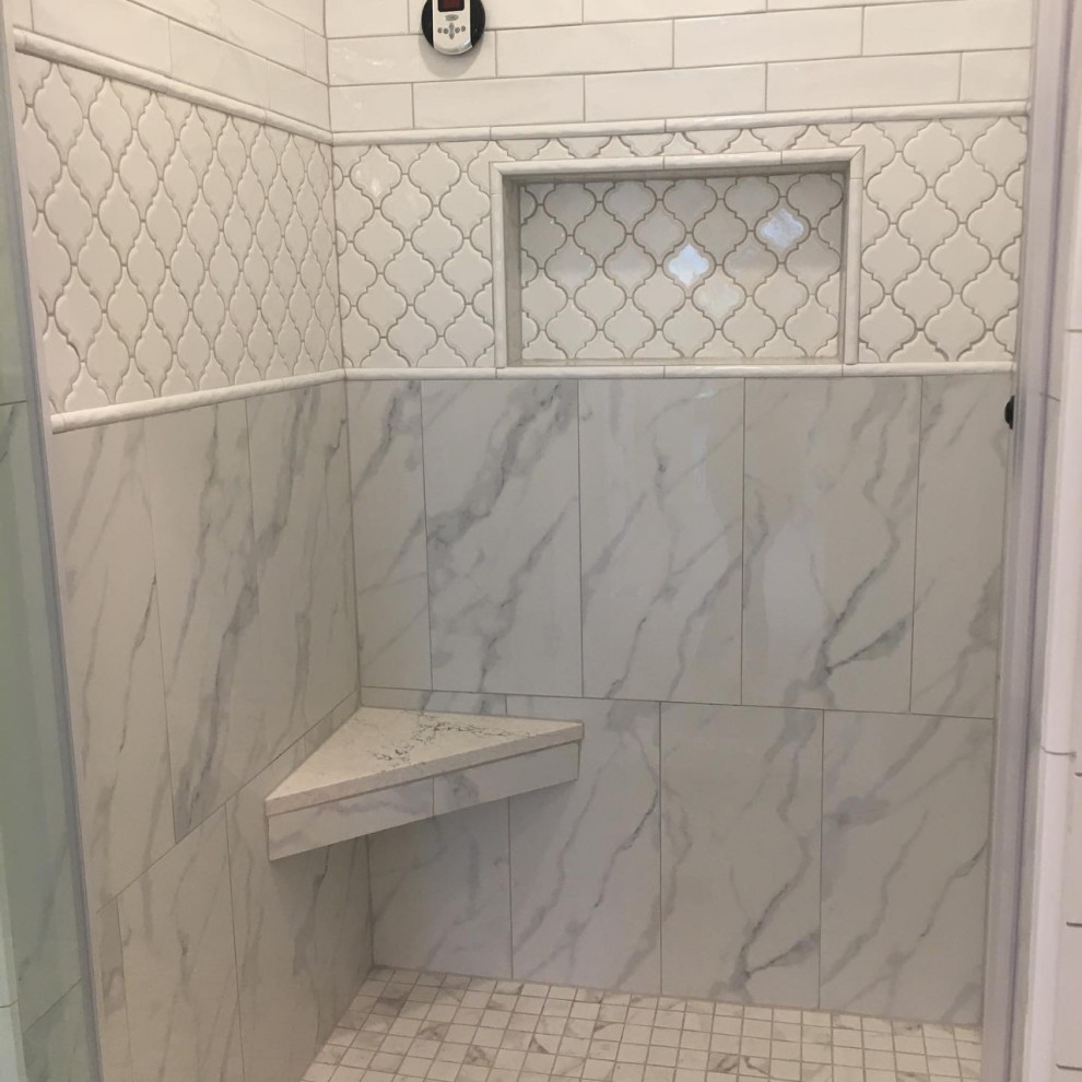 This is an example of a mid-sized country master bathroom in Other with an alcove shower, a hinged shower door and a floating vanity.