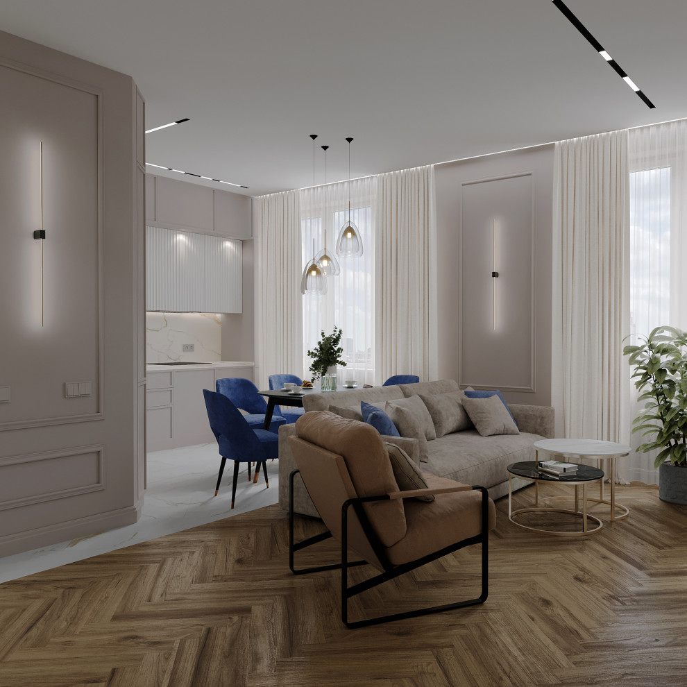 Пример оригинального дизайна: открытая, объединенная, серо-белая гостиная комната среднего размера в стиле неоклассика (современная классика) с серыми стенами, паркетным полом среднего тона, телевизором на стене и коричневым полом