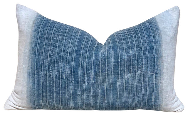 Lumbar Hmong Pillow, Denim Modern Nomad Lumbar Pillow, 14"x22", With Insert