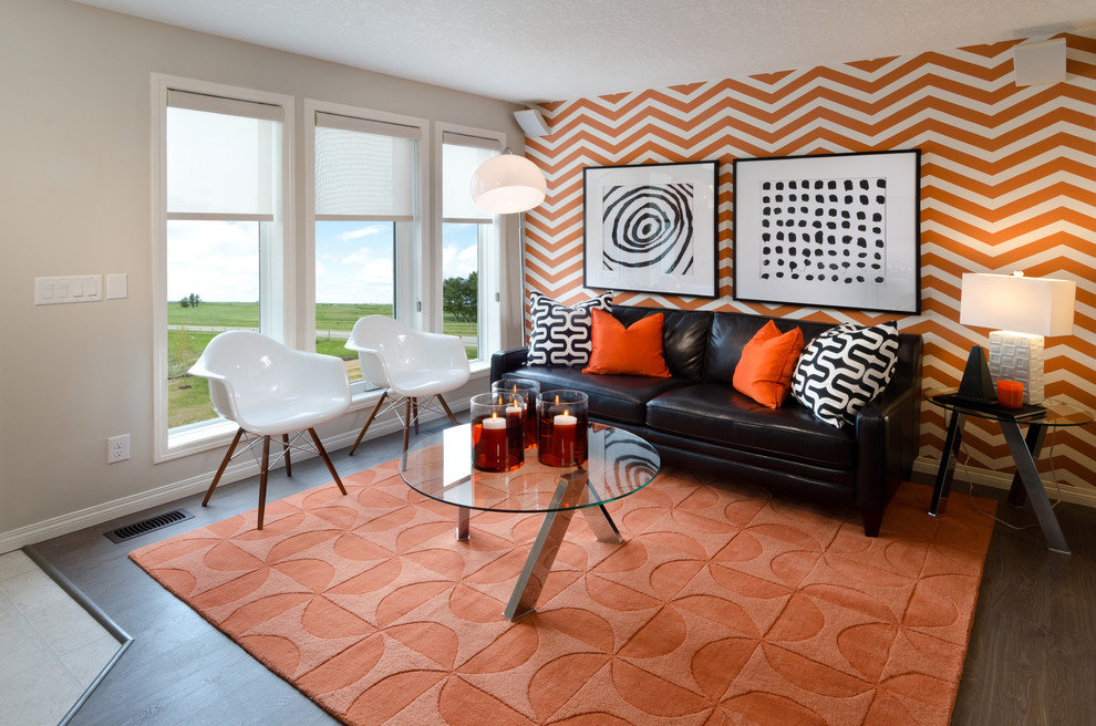 Inspiration for a contemporary formal medium tone wood floor living room remodel in Calgary