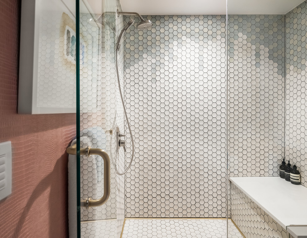 Inspiration for a small modern 3/4 bathroom in Boston with an open shower, white tile, pink walls, ceramic floors, white floor and a hinged shower door.