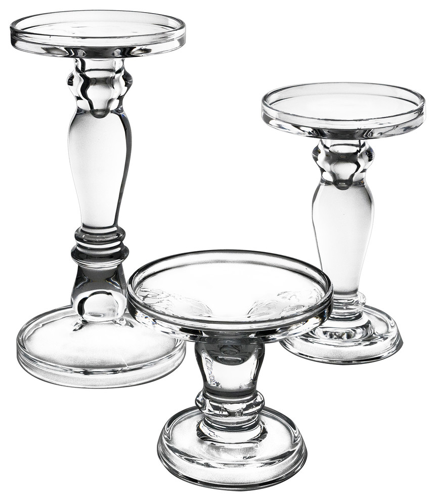 3-Piece Set Vintage Stem Glass Pillar Candle Holders. H-5