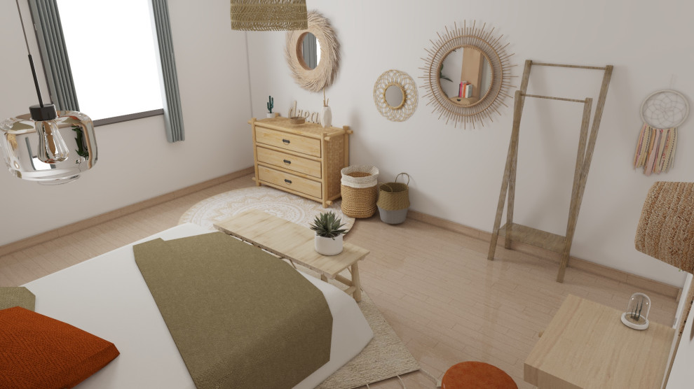 Exempel på ett mellanstort minimalistiskt huvudsovrum, med gröna väggar, ljust trägolv och beiget golv
