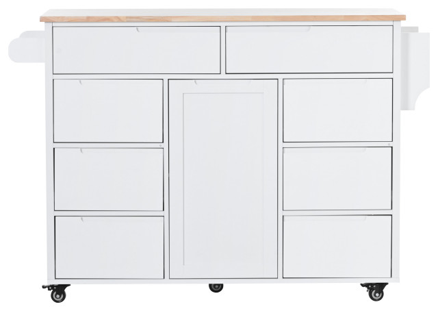 Rubberwood Kitchen Cart, Drop Leaf, Tableware organizer, and 8 drawers, White