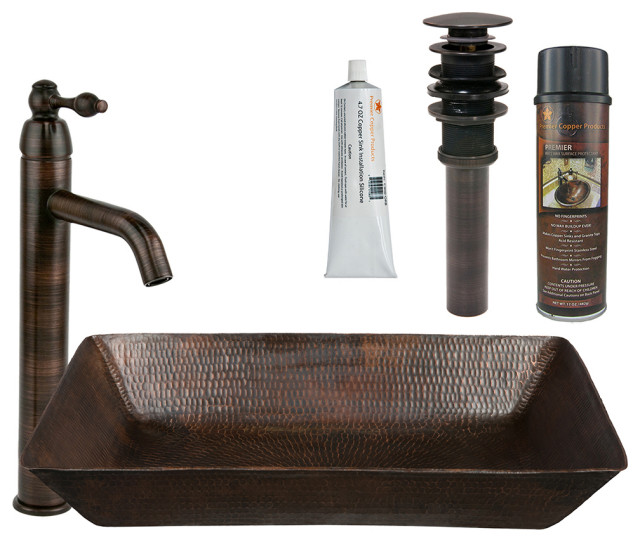 20" Rectangle Vessel Hammered Copper Sink Pack1 With Accessories