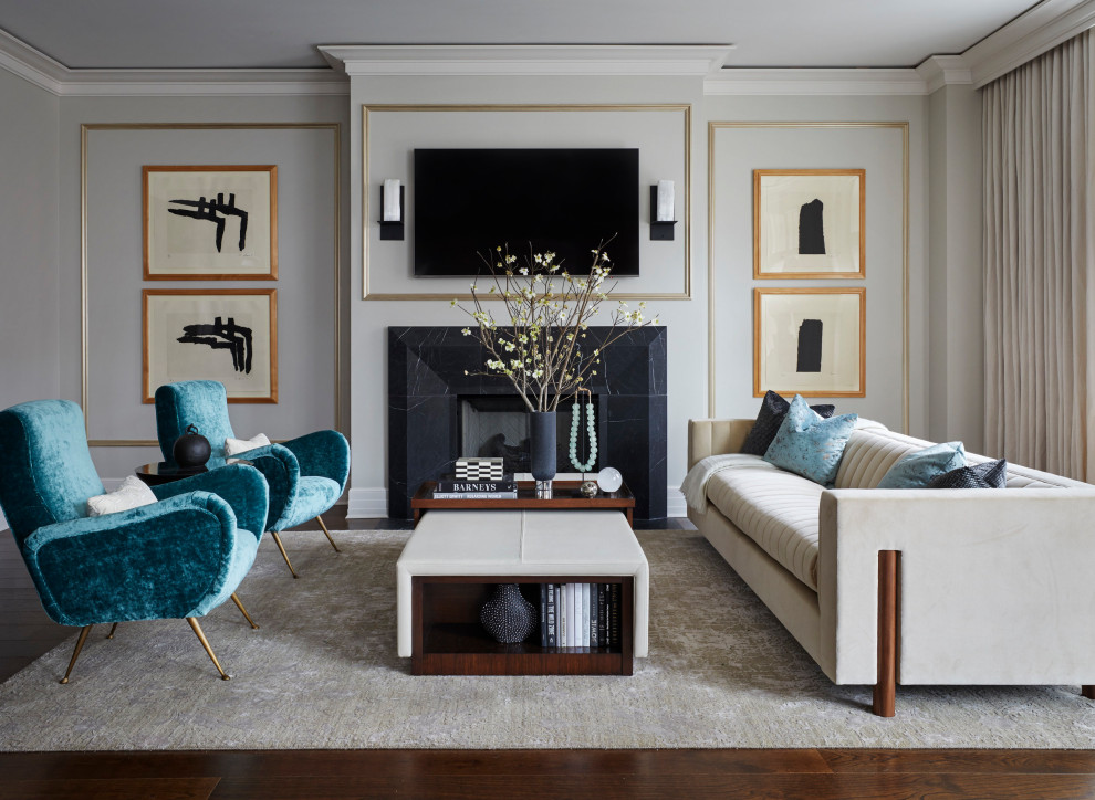Inspiration for a small transitional living room remodel in Chicago with a standard fireplace and a stone fireplace