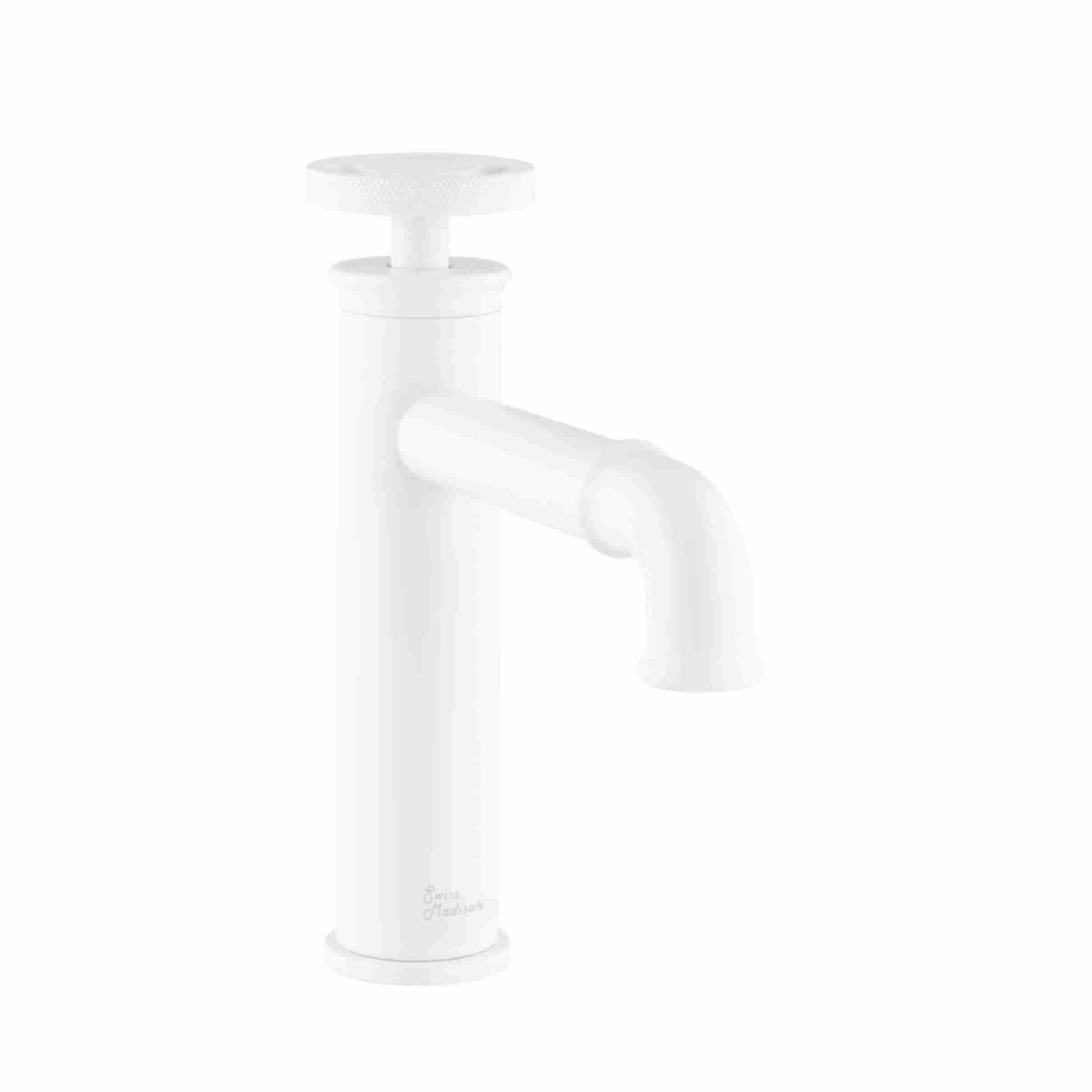 Avallon Single Hole, Single-Handle Wheel, Vanity Faucet, In White.     Finishes: Chrome, Brushed Nickel, Brushed Gold, Matte Black, Matte Black/Red, & Matte Black/Blue (SM-BF80MW)