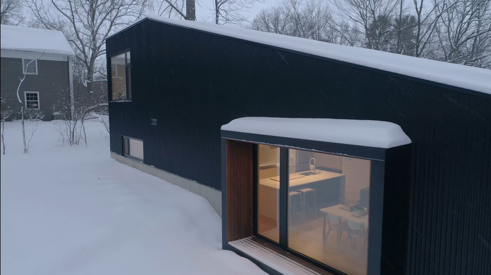 Kleines, Zweistöckiges Modernes Haus mit Metallfassade, schwarzer Fassadenfarbe und Flachdach in Cleveland