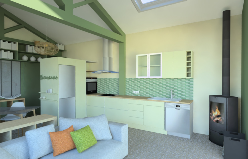 Inspiration for a mid-sized modern l-shaped open plan kitchen with a single-bowl sink, beaded inset cabinets, green cabinets, wood benchtops, green splashback, ceramic splashback, stainless steel appliances, ceramic floors, no island, brown floor, exposed beam and brown benchtop.