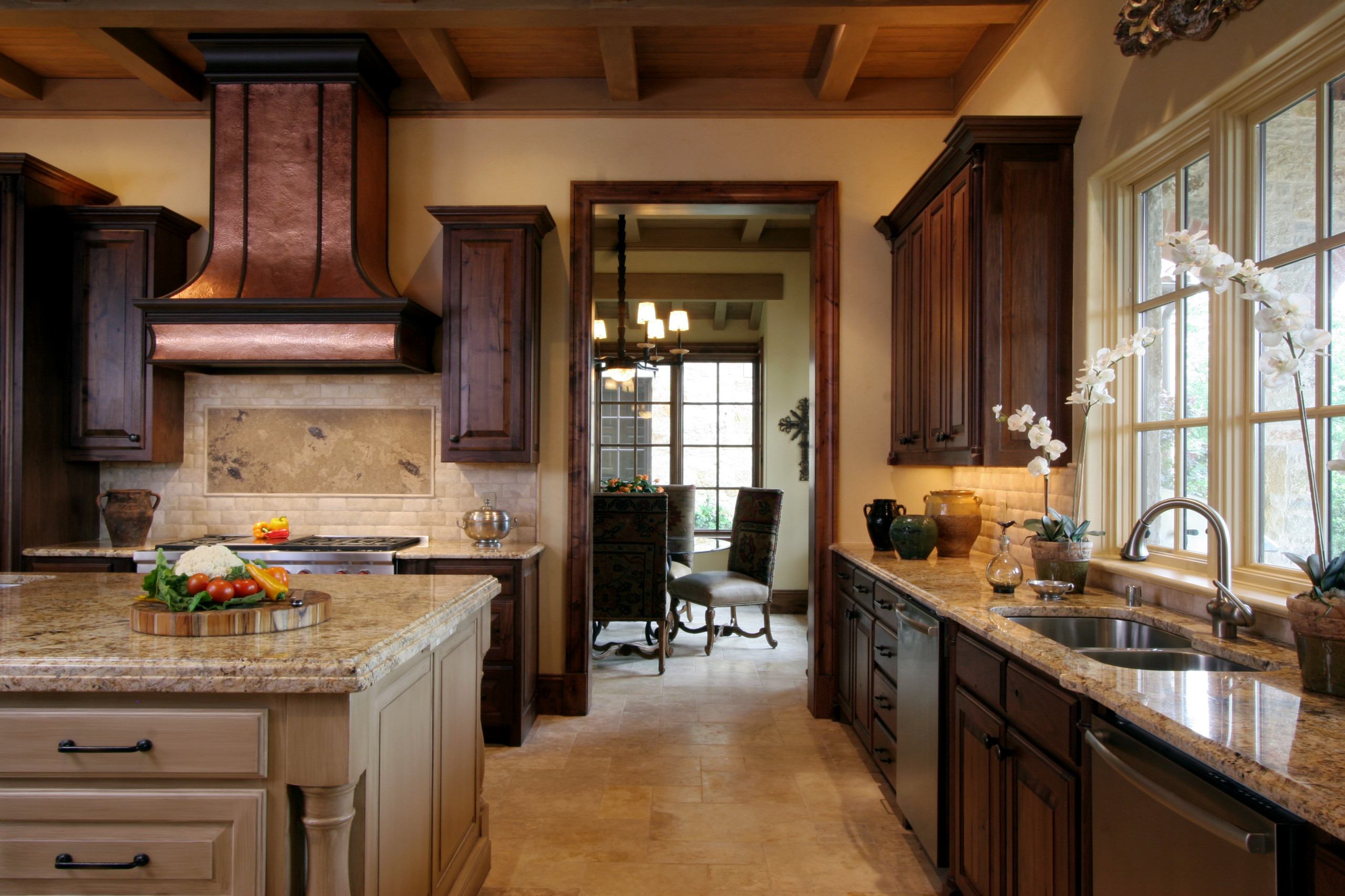 Natural Tuscan Inspired Kitchen - View to Breakfast Room