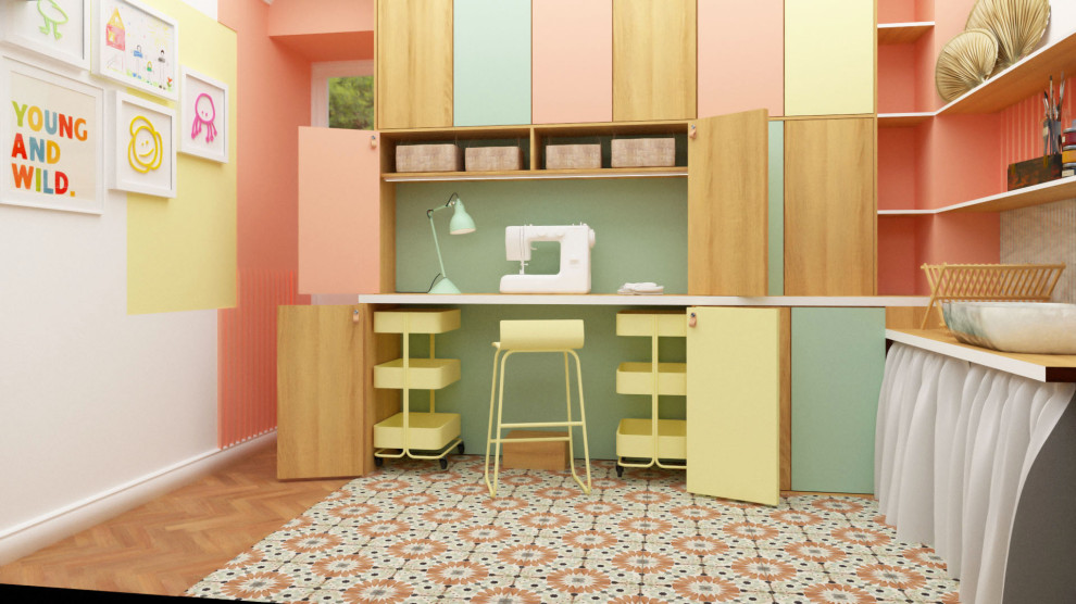Idée de décoration pour un petit bureau atelier design avec un mur multicolore, un sol en carrelage de céramique, aucune cheminée, un bureau intégré, un sol multicolore et un plafond en bois.