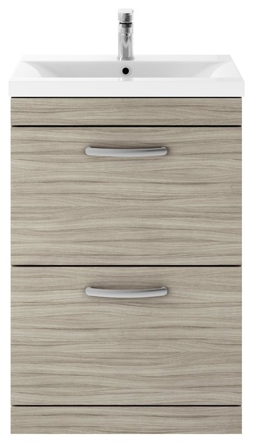 Athena Bathroom Vanity Unit With Drawers, Driftwood, Narrow Rim Basin, 60 cm