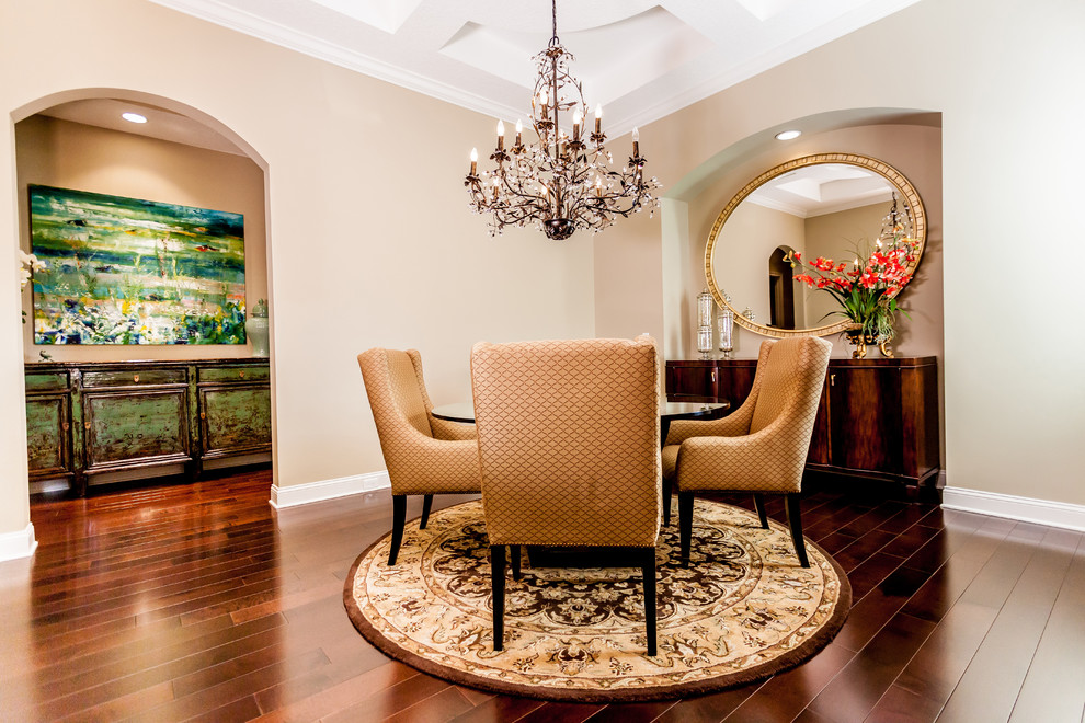 Mid-sized contemporary separate dining room in Jacksonville with beige walls, dark hardwood floors and no fireplace.