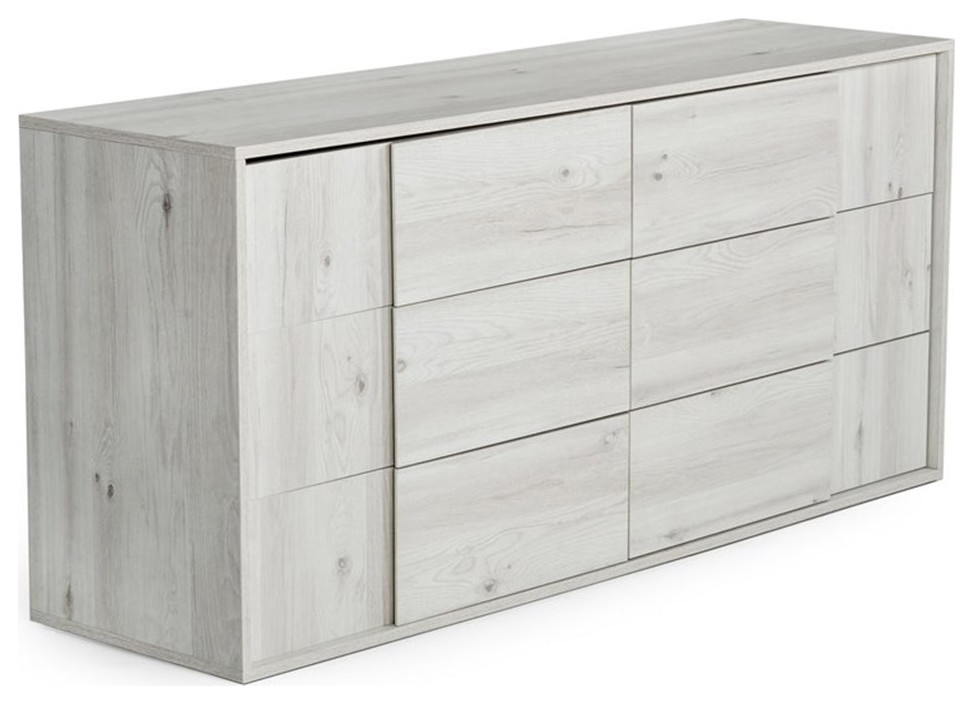 Limari Home Asus 6Drawer Modern Oak Wood Dresser in White Washed Finish Transitional