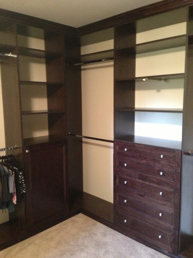 Design ideas for a mid-sized transitional gender-neutral walk-in wardrobe in Los Angeles with recessed-panel cabinets, dark wood cabinets and carpet.