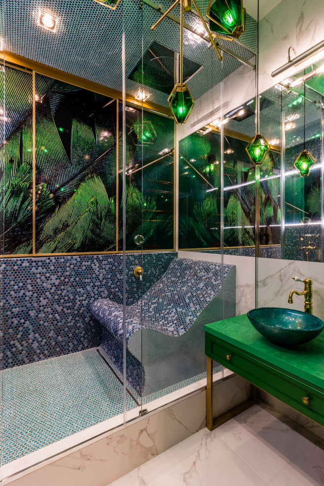 Photo of a large contemporary bathroom in Saint Petersburg with green cabinets, an alcove shower, multi-coloured tile, porcelain floors, a vessel sink, beige floor, green benchtops, a shower seat, a single vanity, a freestanding vanity and recessed-panel cabinets.