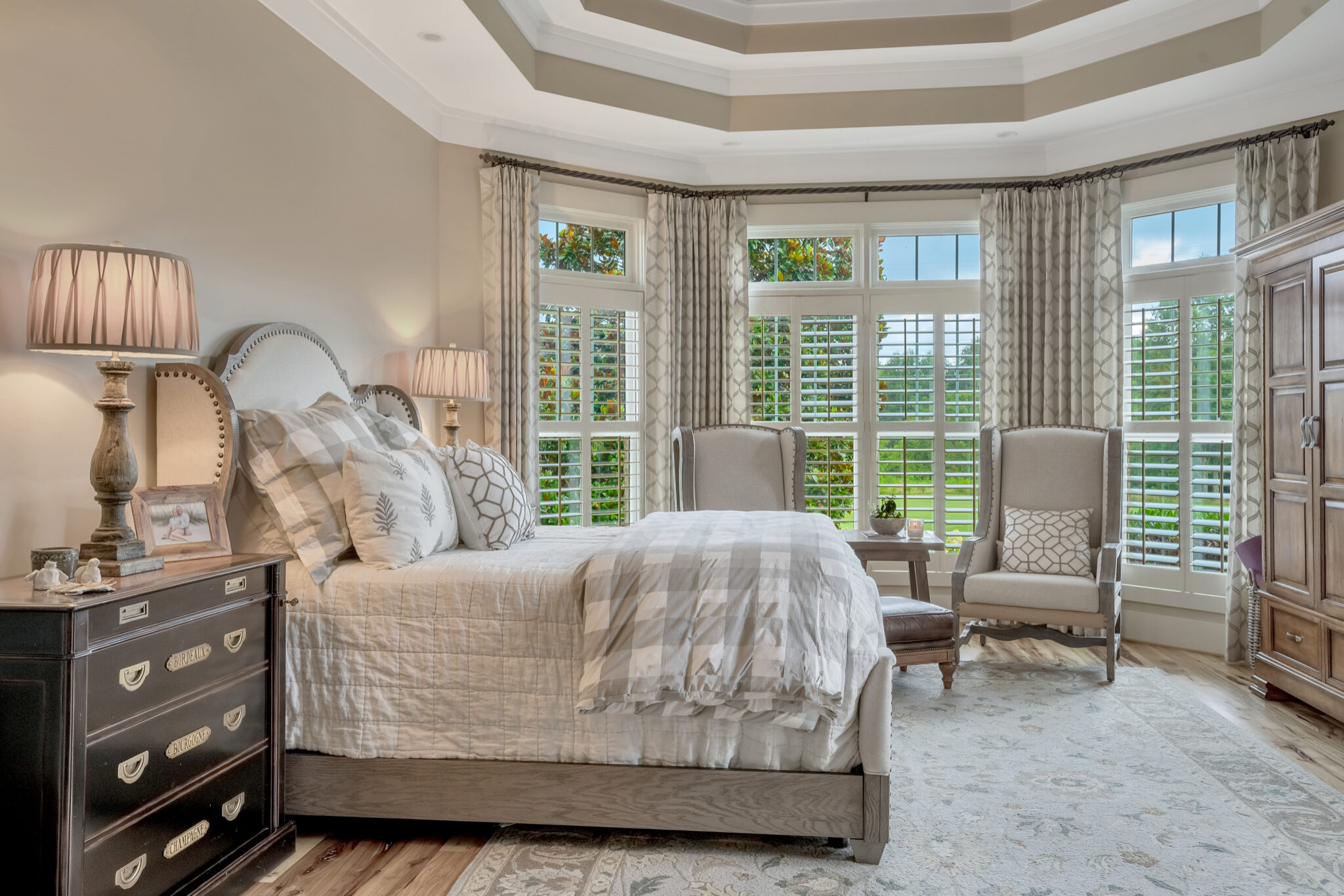 Transitional Master Bedroom-Tray Ceiling -Use of Warm Neutrals-Cumming Ga.