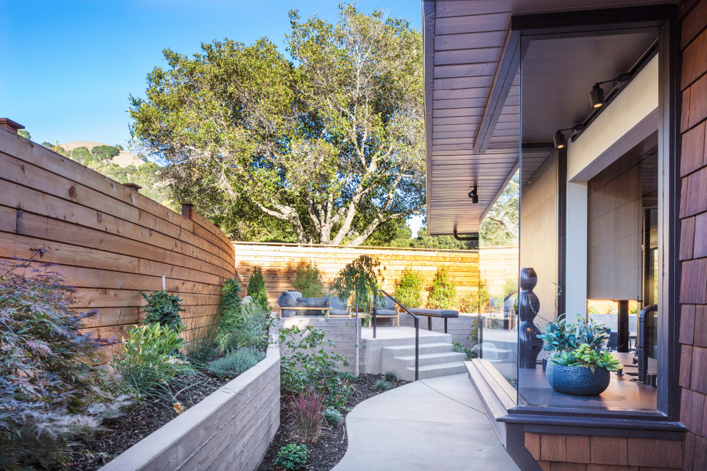 Idee per un patio o portico minimalista di medie dimensioni e in cortile con lastre di cemento e nessuna copertura