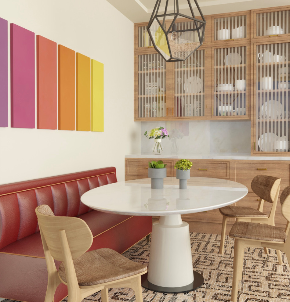 Foto di un angolo colazione design con pareti bianche e pavimento multicolore