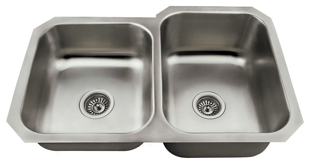 MR Direct US1053 Offset Double Bowl Stainless Steel Sink, Large Bowl Right, Bask