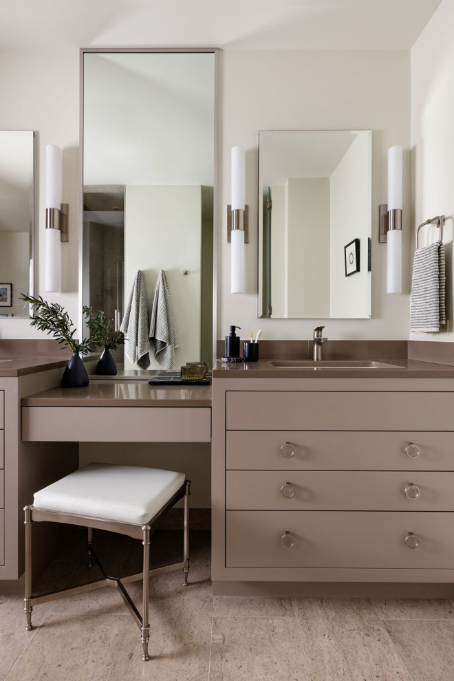 This is an example of a large contemporary master bathroom in Seattle with flat-panel cabinets, brown cabinets, white walls, an undermount sink, beige floor, brown benchtops, a double vanity and a built-in vanity.