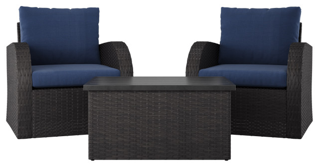 Corliving Wicker 3 Pc Patio Set with Table and 2 Patio Chairs, Charcoal and Blue