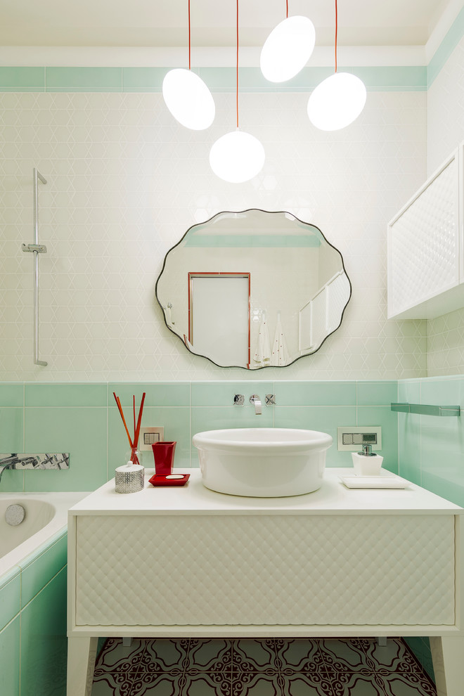 Photo of a contemporary master bathroom in Moscow with flat-panel cabinets, white cabinets, white tile, green tile, a vessel sink and white walls.