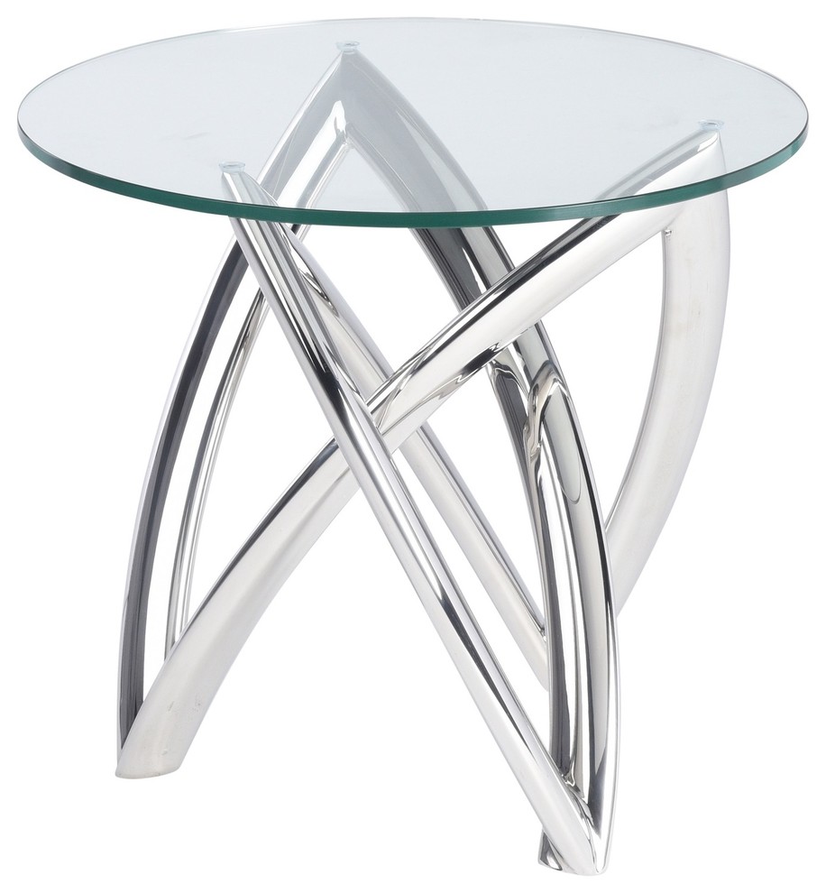 Martina Side Table, Round Glass Top, Polished Stainless Steel Base End Table Contemporary