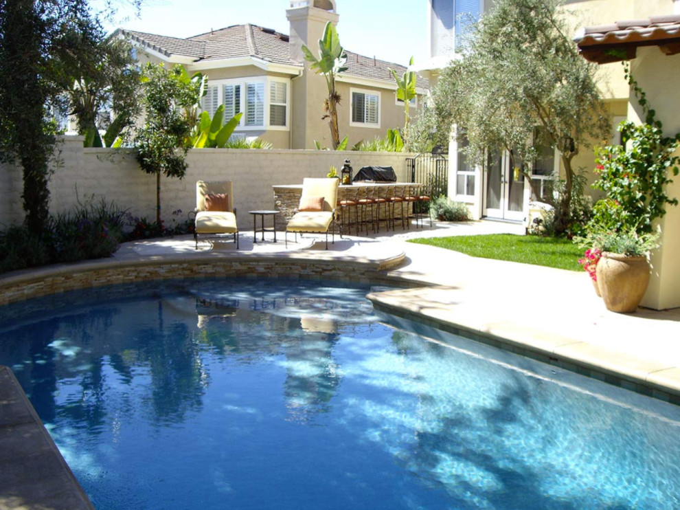 Inspiration for a mid-sized traditional backyard custom-shaped natural pool in Orange County with concrete slab.