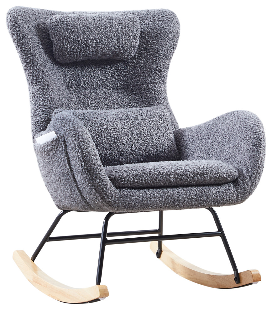 Gewnee Cashmere Upholstered Rocking Chair with High Backrest, Gray
