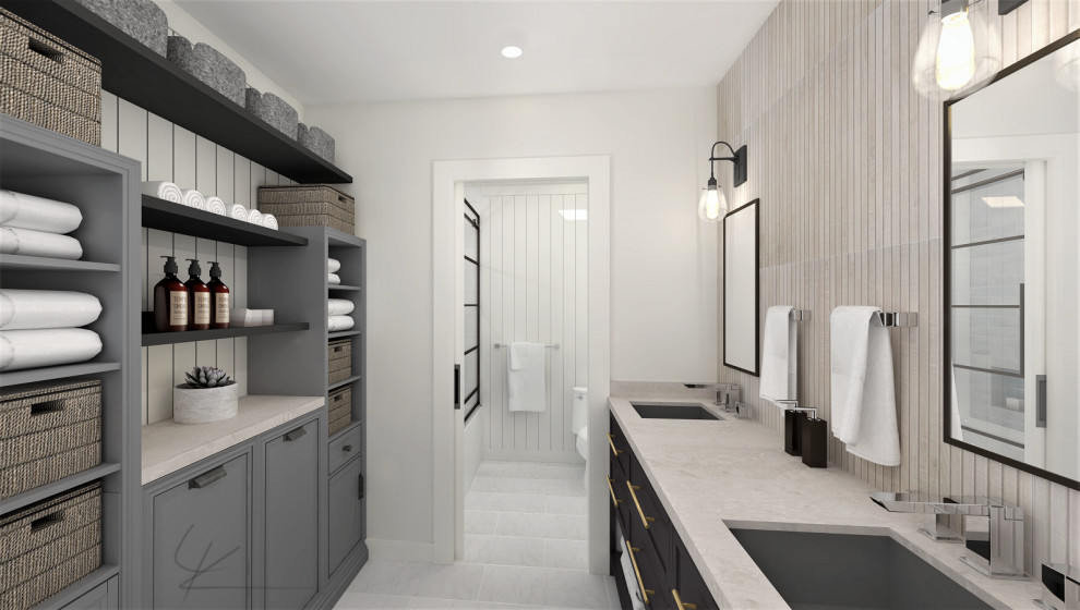 Example of a mid-sized trendy kids' beige tile and wood-look tile porcelain tile, white floor, double-sink and shiplap wall bathroom design in Toronto with shaker cabinets, dark wood cabinets, a two-piece toilet, white walls, an undermount sink, marble countertops, beige countertops, a niche and a freestanding vanity